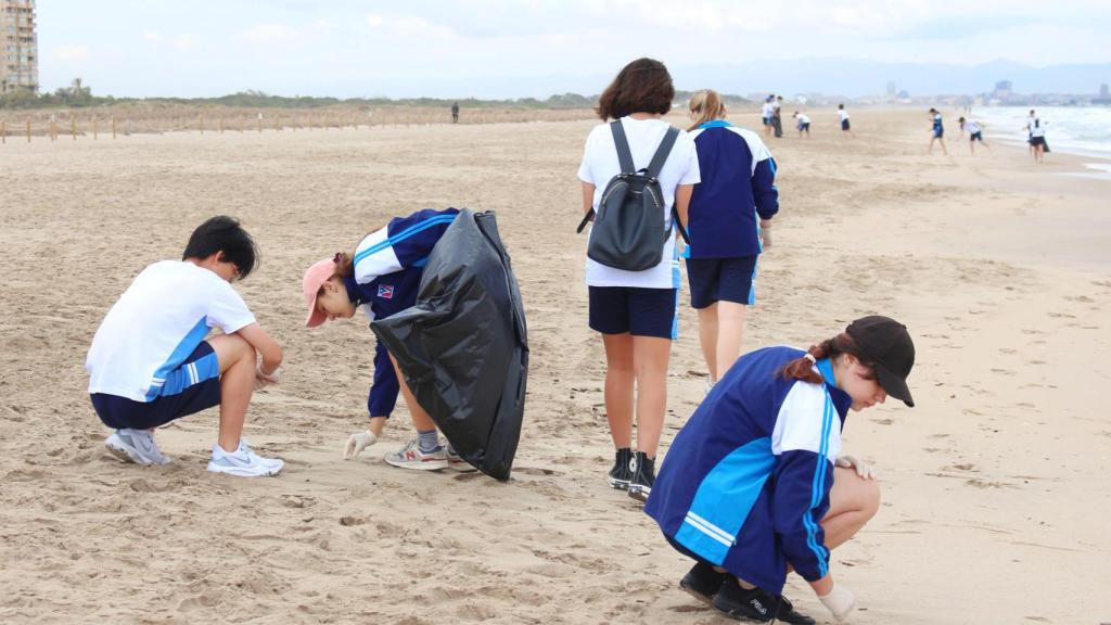 Alumnos del British School de Valencia recogen basura en la playa de El Saler. EE