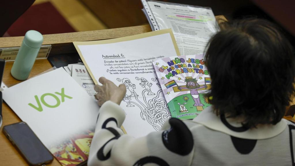 La diputada de Vox Ángeles Criado contempla un libro LGTBI+ durante el pleno de Les Corts
