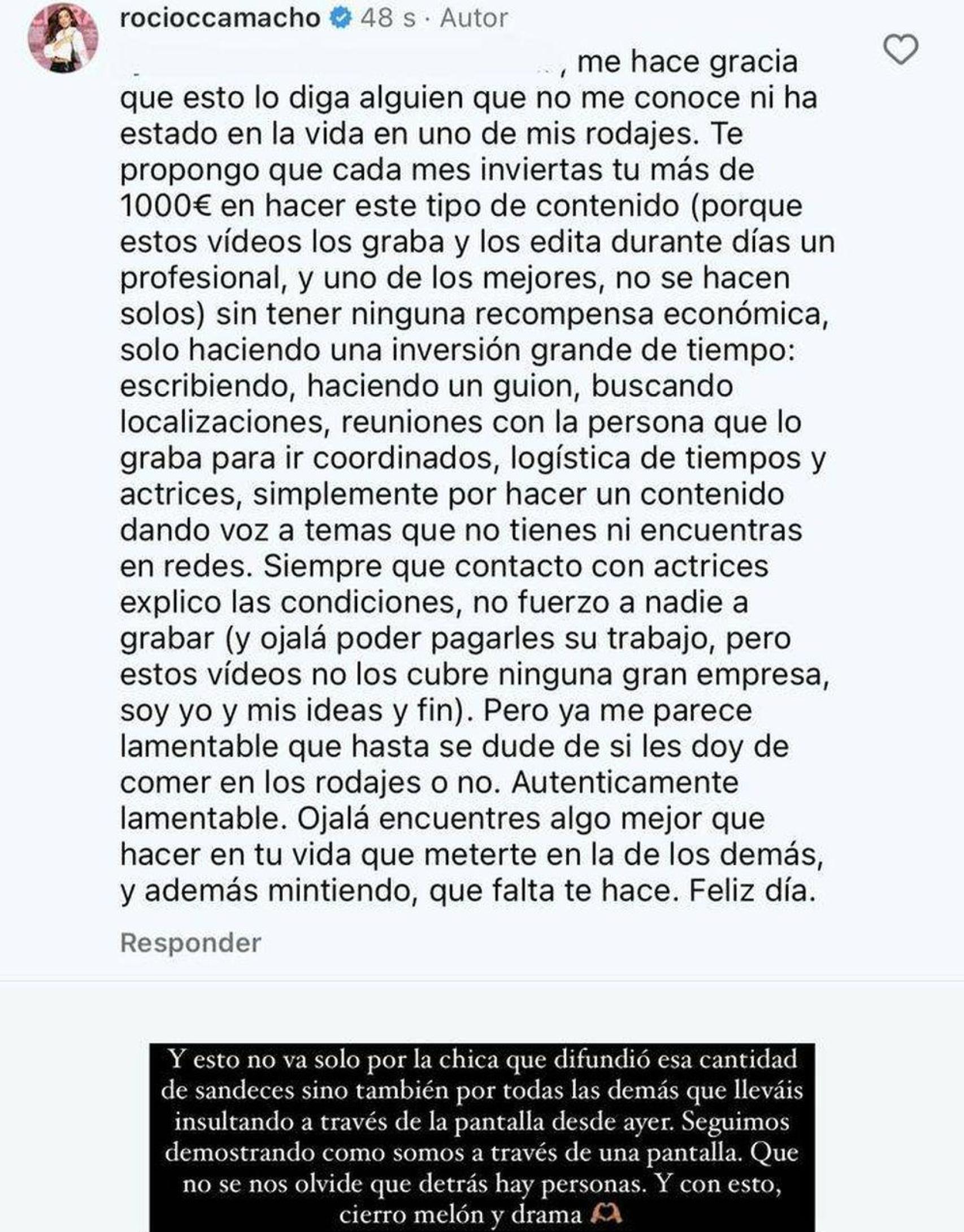 Respuesta de Rocío Camacho en redes.