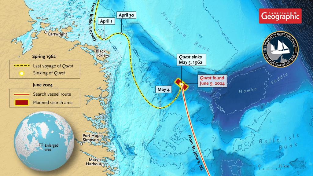 Mapa del lugar del hallazgo del 'Quest'.