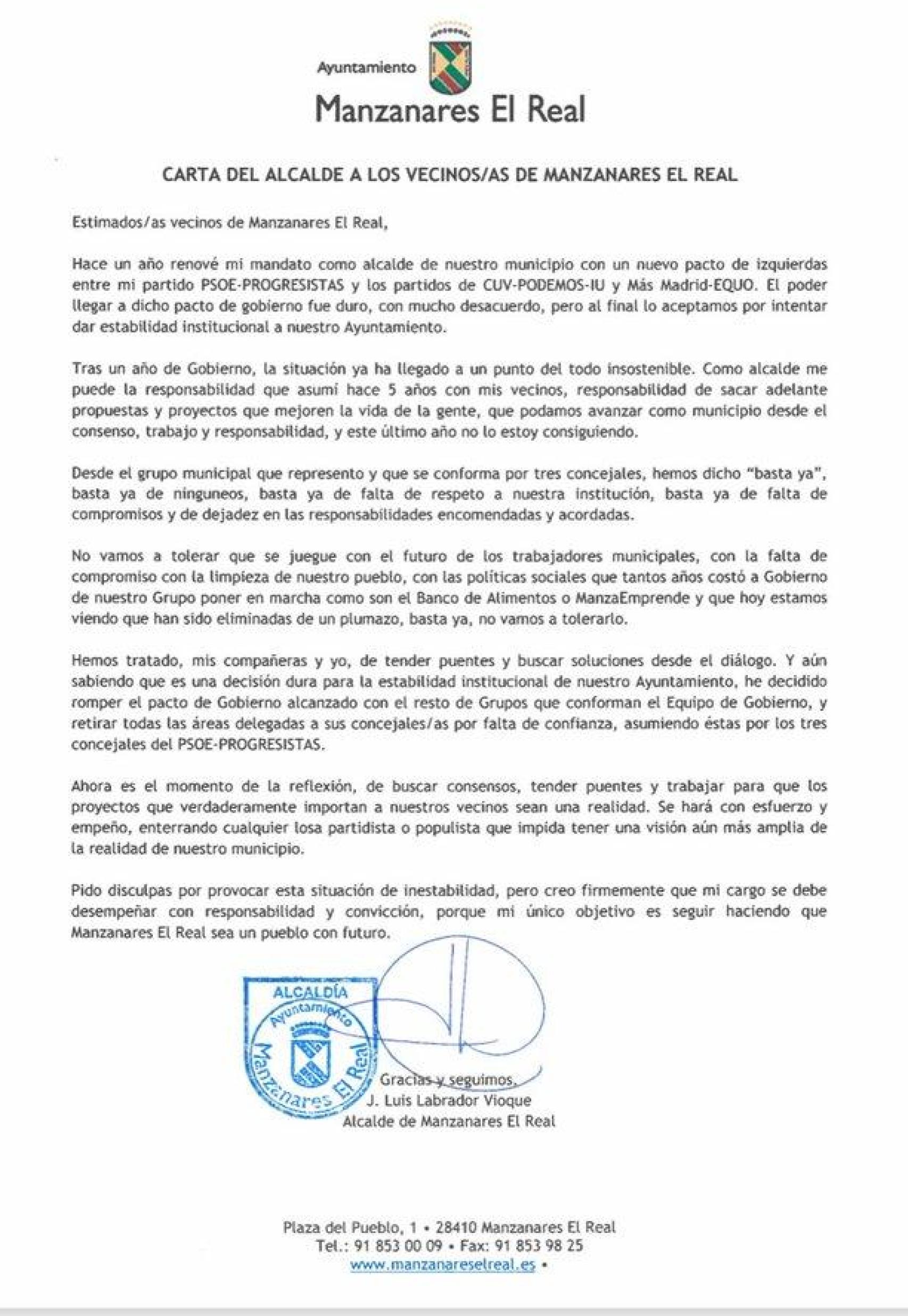 Carta emitida por el alcalde.