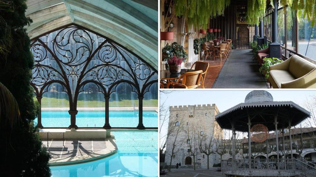 La piscina del hotel, junto a uno de los comedores y la fachada donde se ve la torre del siglo XIV
