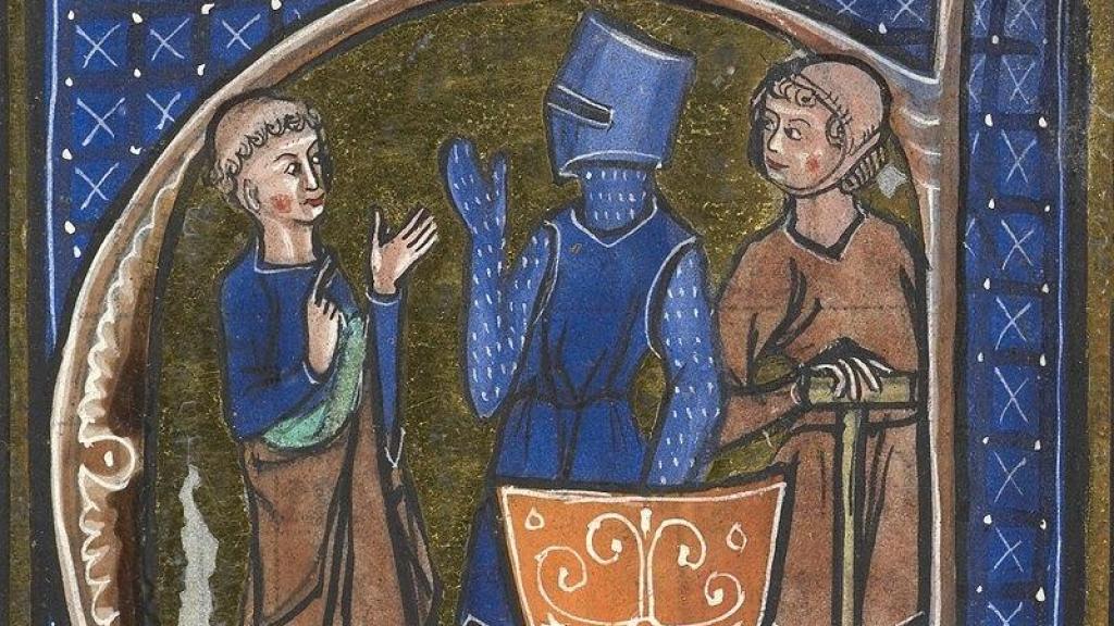 Miniatura de un clérigo, un caballero y un campesino en un texto medieval francés del siglo XIII.