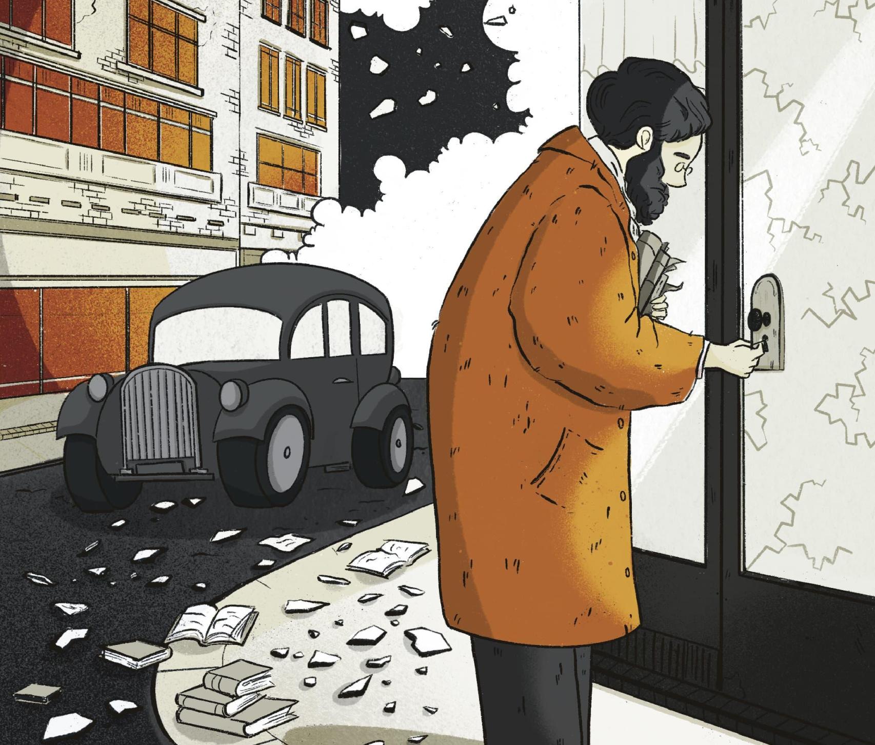 Detalle de la ilustración sobre la Noche de los Cristales Rotos.