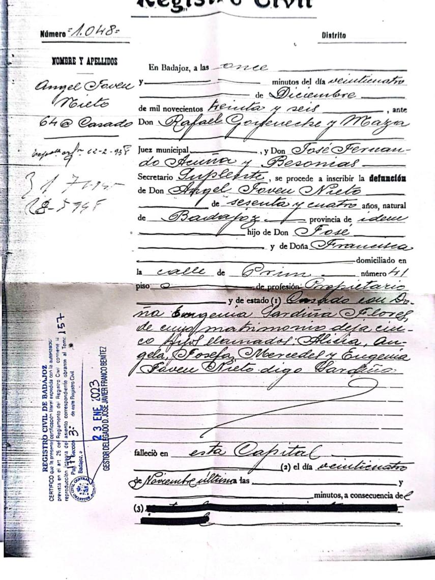 Registro Civil. Ángel Joven Nieto. Causa de la muerte, tachada en negro (abajo)