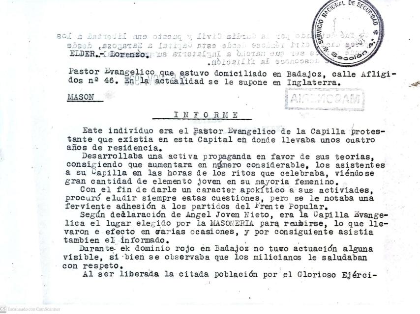 Informe masónico de Lorenzo Elder, pastor evangélico protestante del triángulo Renovación