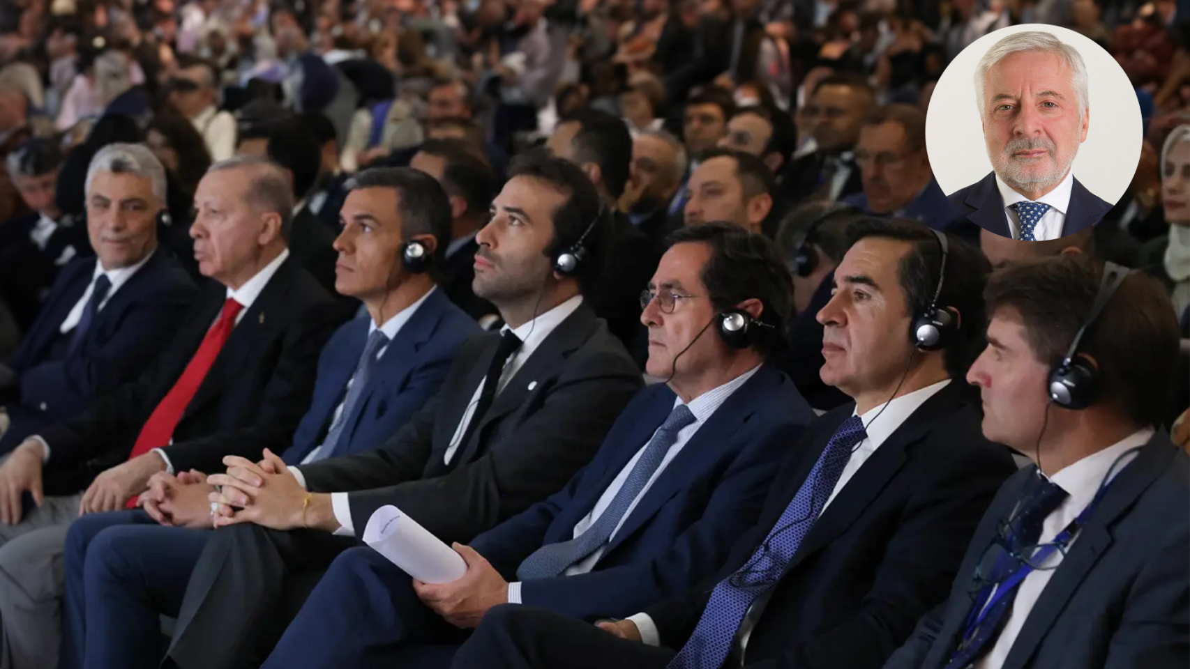 De izda. a dcha. Recep Tayyip Erdogan, Pedro Sánchez, Carlos Cuerpo, Antonio Garamendi, Carlos Torres y Manuel de la Rocha. En el círculo superior, Pepe Blanco.