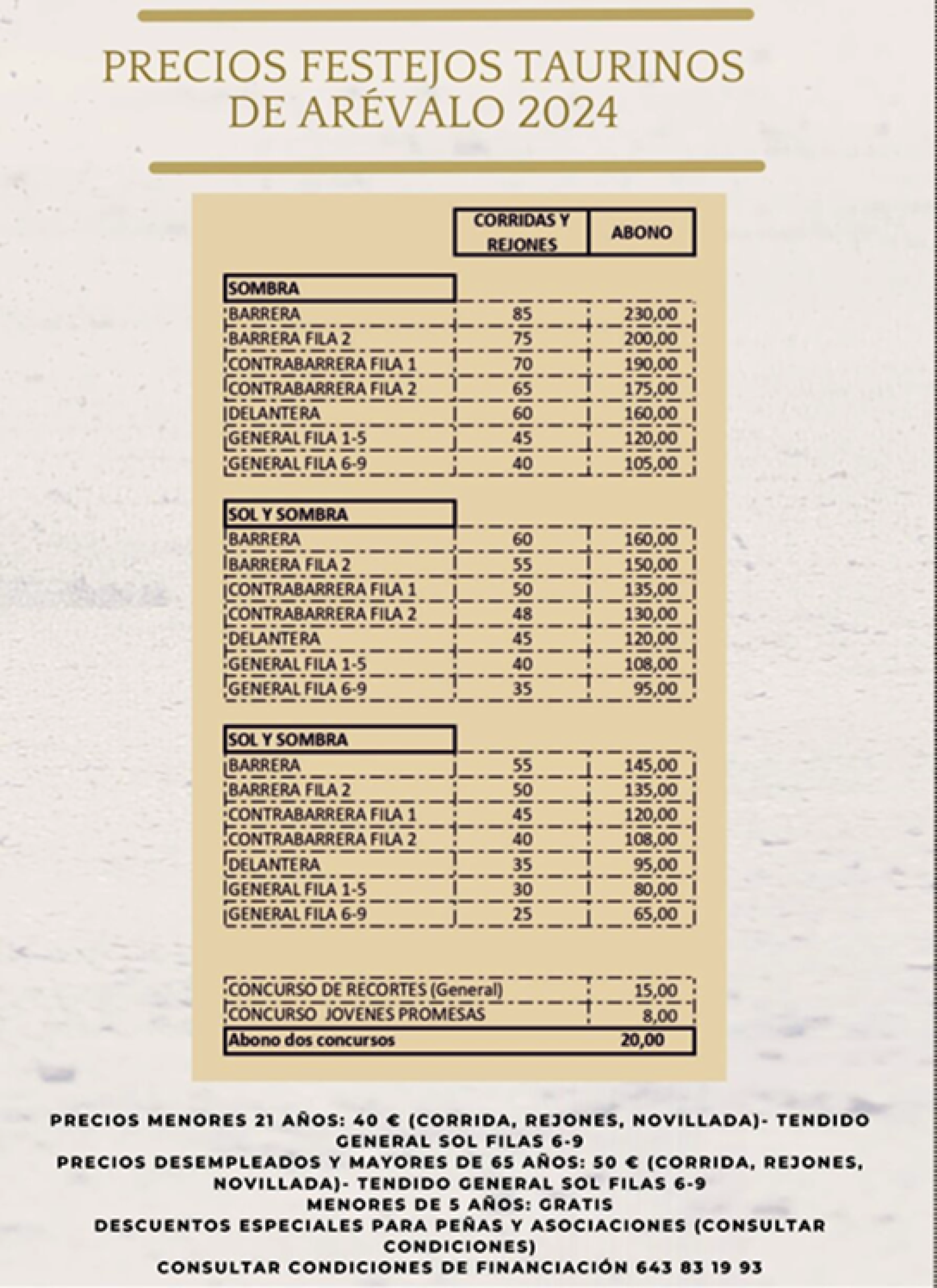 Listado de precios de los festejos taurinos de Arévalo