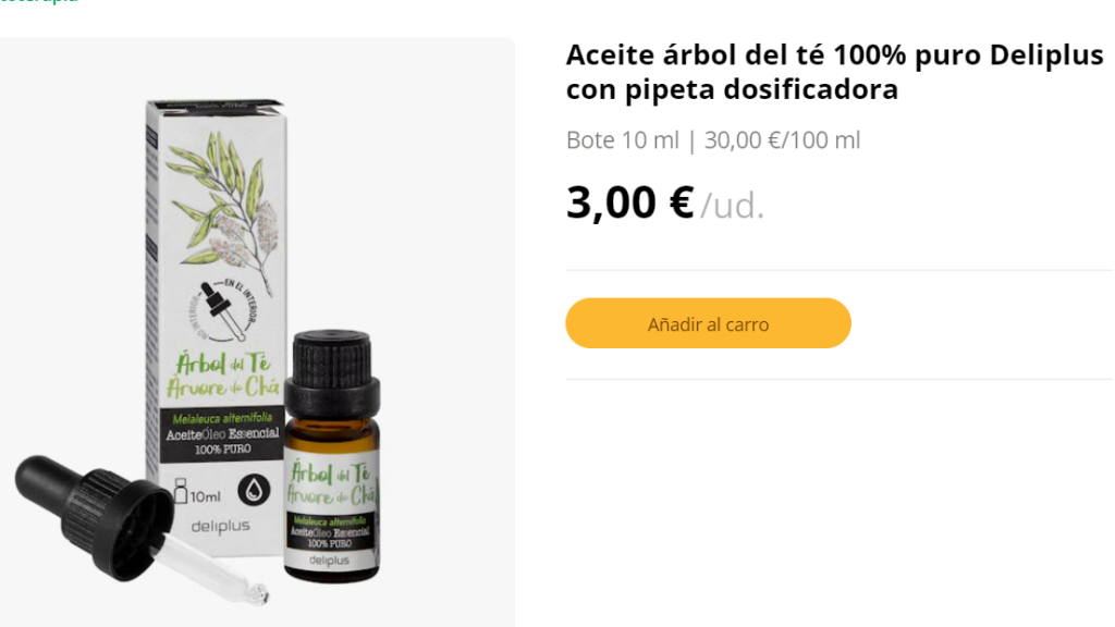 Aceite árbol del té 100% puro Deliplus con pipeta dosificadora.