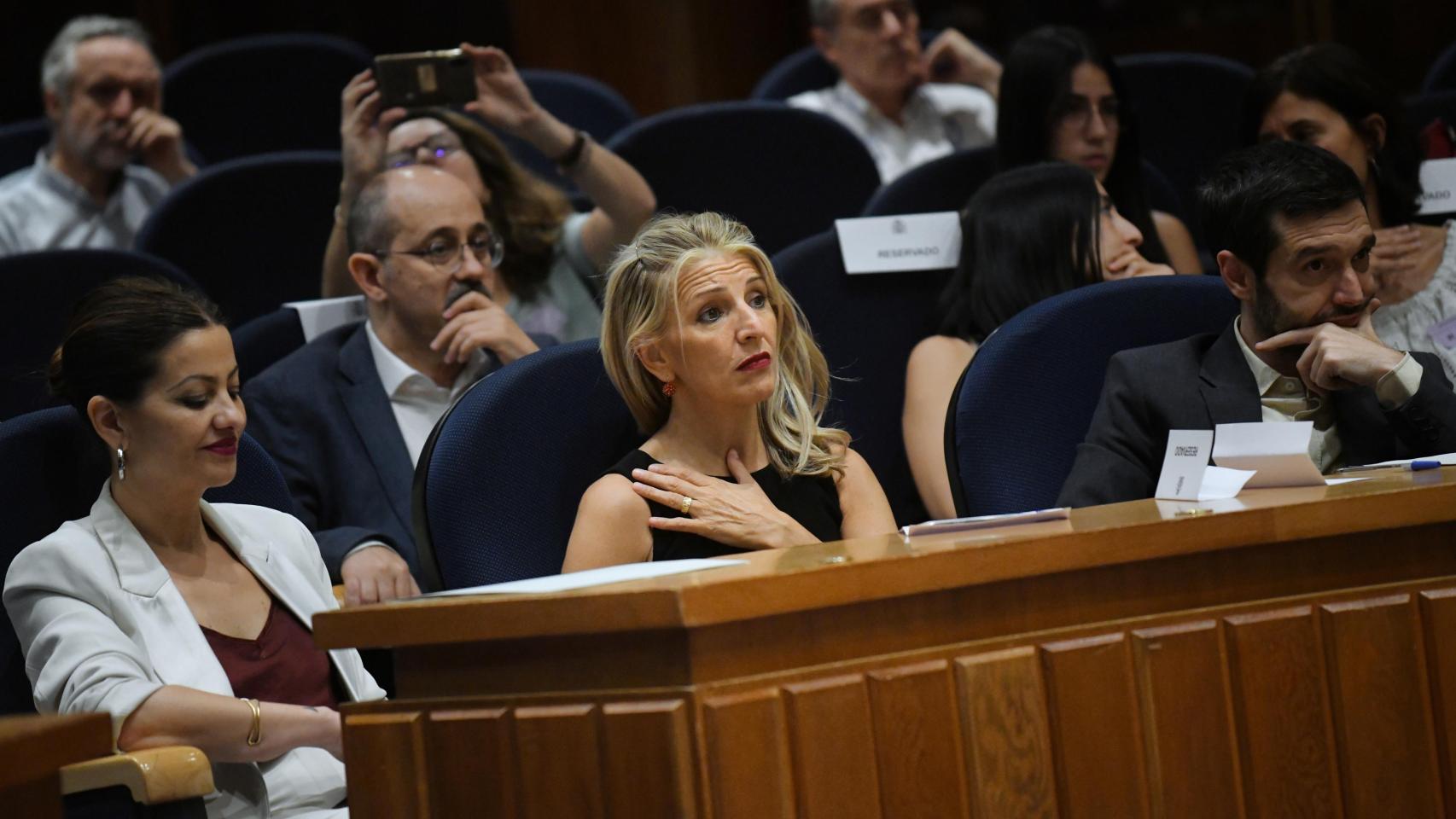 Los ministros por la cuota de Sumar Sira Rego, Yolanda Díaz y Pablo Bustinduy este martes en Madrid.