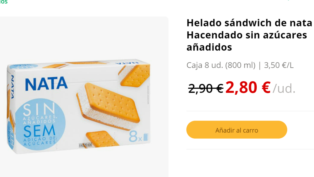 Helado sándwich de nata Hacendado sin azúcares añadidos.