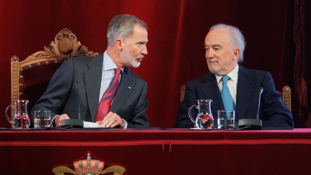 El Rey Felipe VI y el director de la RAE, Santiago Muñoz Machado, durante la presentación de la ‘Red Panhispánica de Lenguaje Claro’, en la Real Academia Española, el pasado 21 de mayo. Foto: Alejandro Martínez Vélez / Europa Press