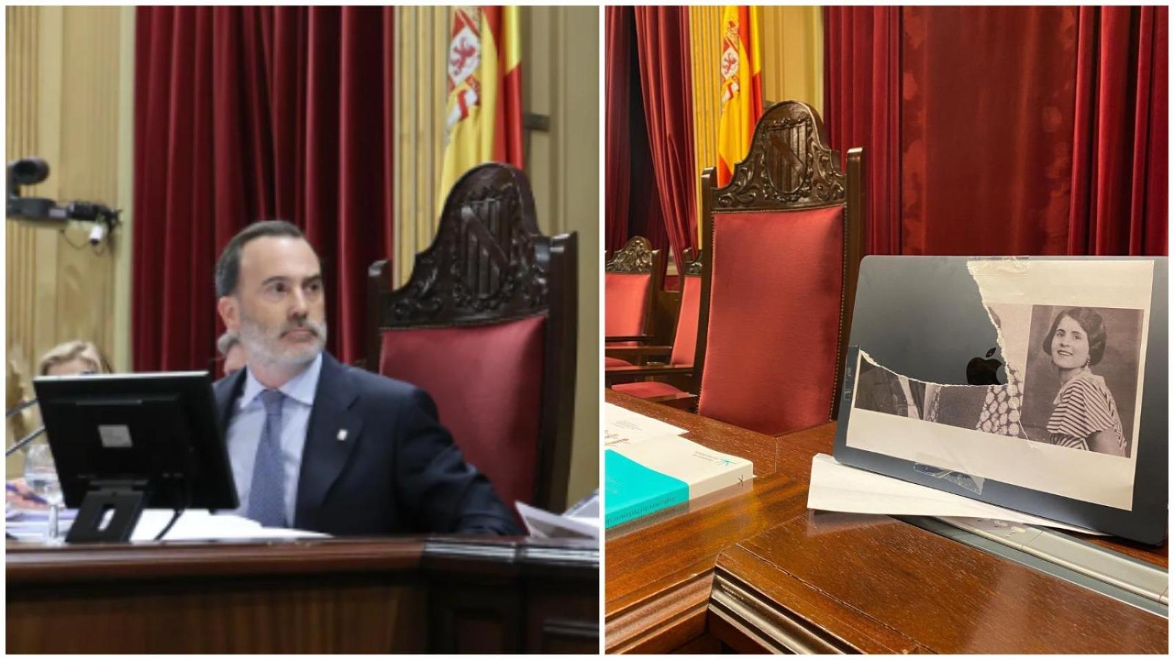 Gabriel Le Senne, a la izquierda, durante la sesión de debate; a la derecha; la foto arrancada.