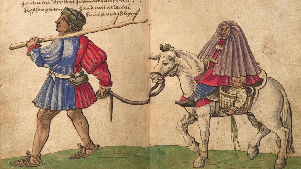 Moriscos de Granada dando un paseo según una ilustración de Christoph Weiditz en 1530.