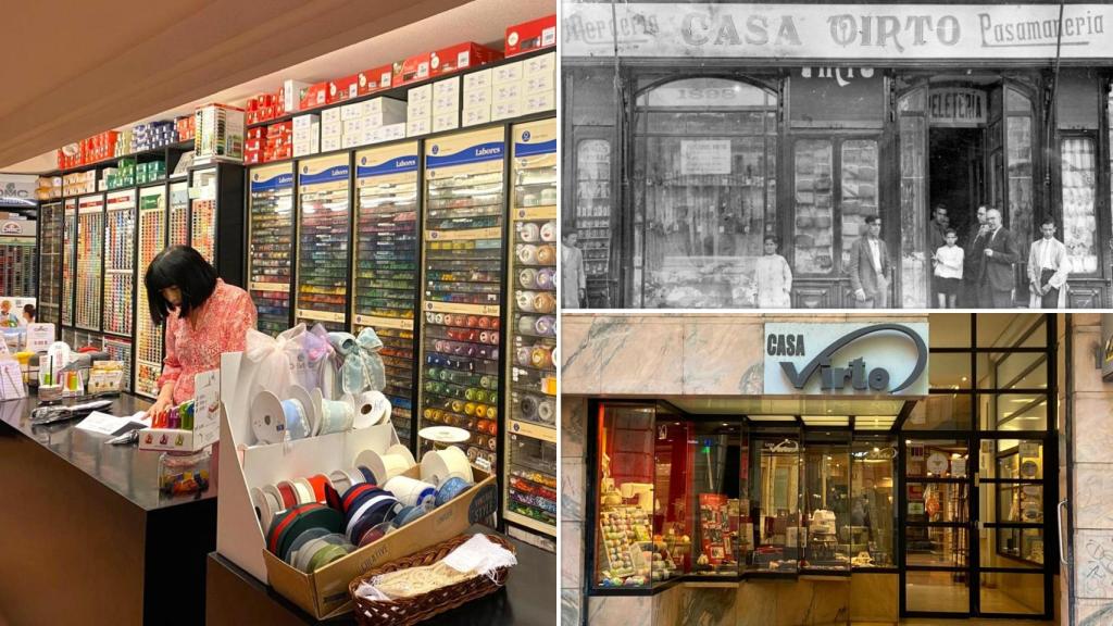 Imagen del interior de Casa Virto (I), con una foto en blanco y negro de sus inicios y la fachada actual