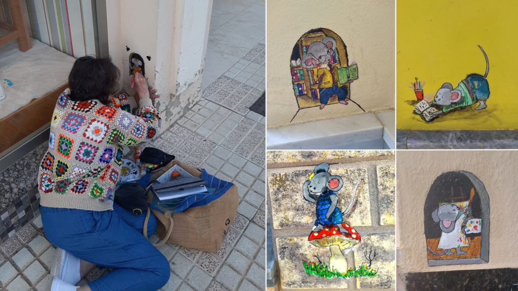 La autora de los ratones y algunas de sus obras.