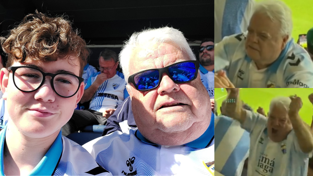 Ángel junto a su nieto. A la derecha, capturas del vídeo viral.