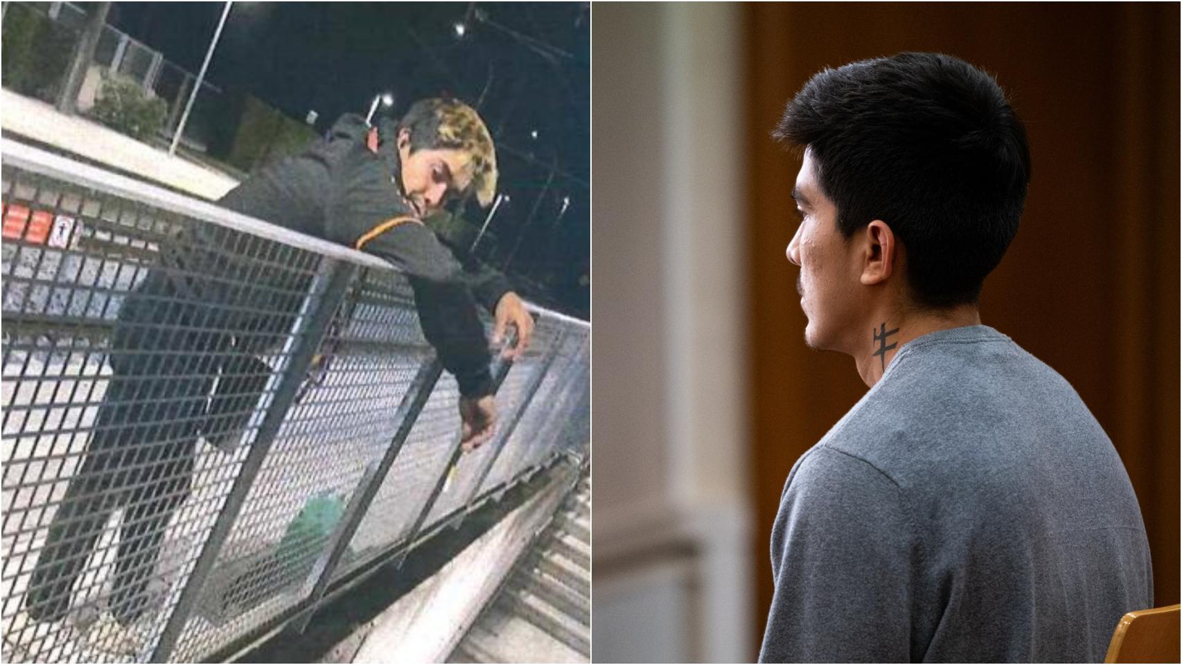 Brian Raimundo en la noche del 31 de octubre de 2021, registrado por una cámara de seguridad. A la derecha, durante su comparecencia ante el tribunal.