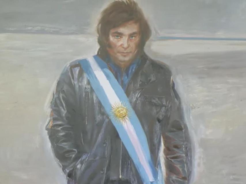 Retrato de Milei, en el escenario de la Cena de la Libertad organizada por el Instituto Juan de Mariana