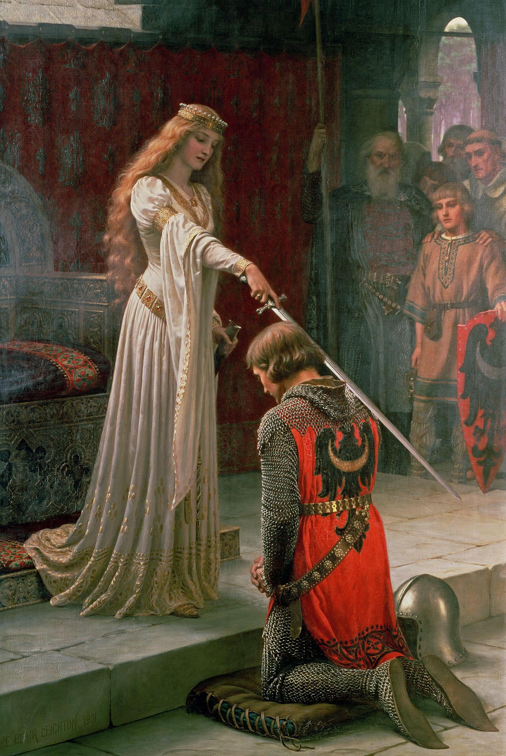 Reina Leonor I de Aquitania nombrando un caballero según el pincel de Edmund Blair Leighton en 1901.