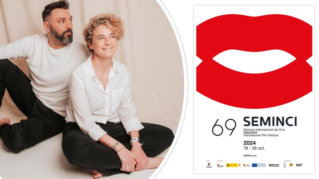 Imagen (©Danimantis) de Ana Mª Hernández y Félix Rodríguez, directores de PobrelaVaca Studio, y, a la derecha, el cartel con la nueva identidad visual