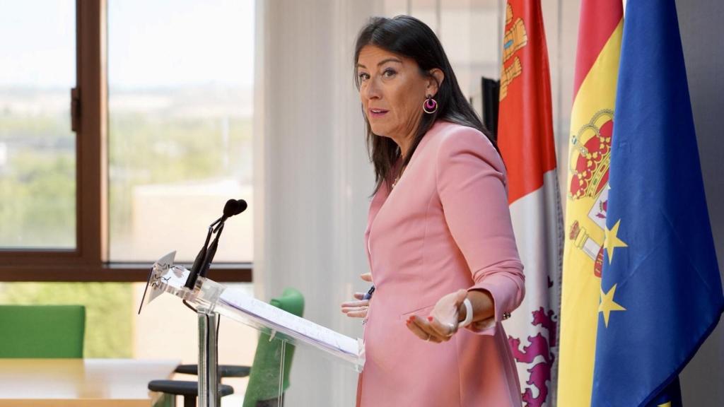 La secretaria de Organización del PSOE de Castilla y León, Ana Sánchez, durante su rueda de prensa en las Cortes de este lunes