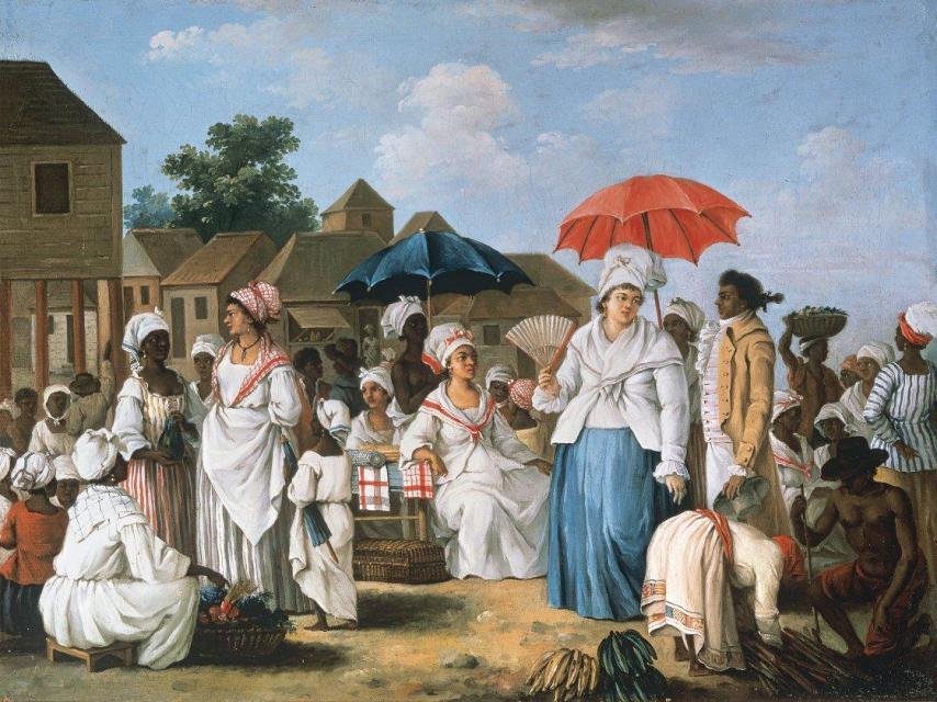 Agostino Brunias: 'Mercado de ropa, Santo Domingo', h. 1775. Colección Carmen Thyssen
