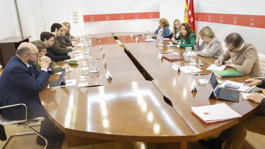 La consejera de Sanidad, Fátima Matute, en febrero con representantes de Sociedad Española de Médicos de Atención Primaria (SEMERGEN), Sociedad Madrileña de Medicina Familiar y Comunitaria (SoMaMFyC) y Sociedad Española de Médicos Generales y de Familia (SEMG).