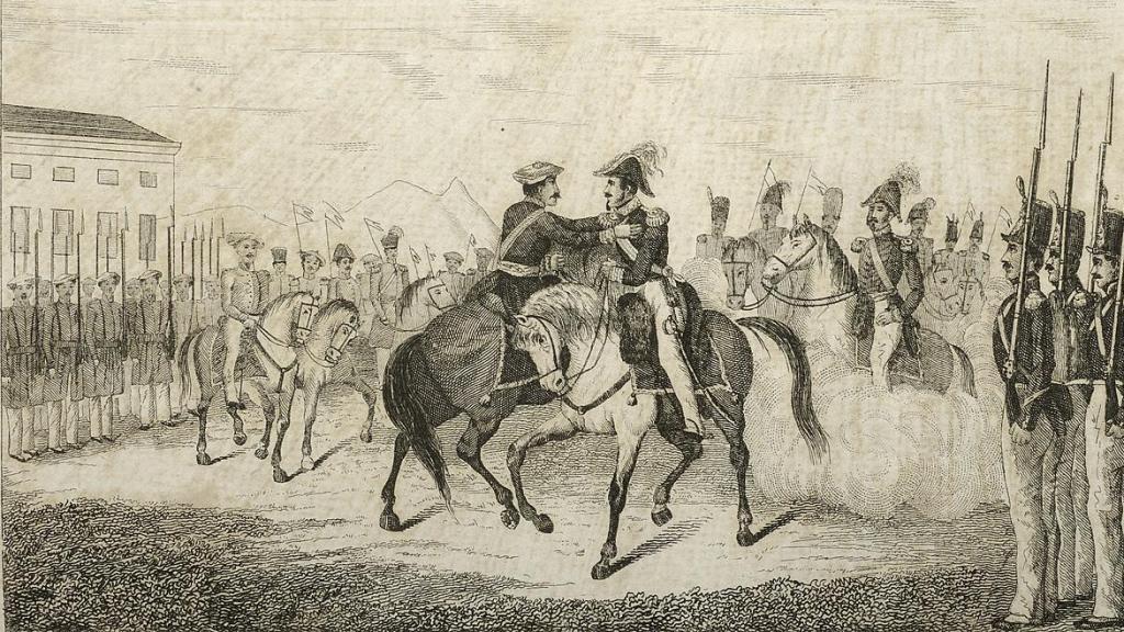 Abrazo de Vergara el 31 de agosto de 1839 según un grabado del siglo XIX.