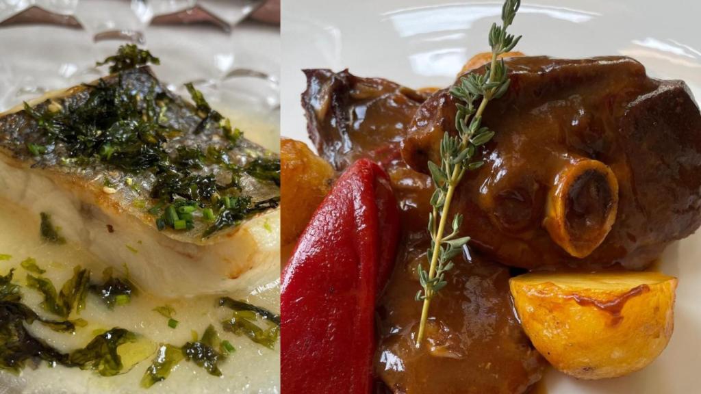 Plato de lubina con salsa citrina y cabrito asado con patatas.