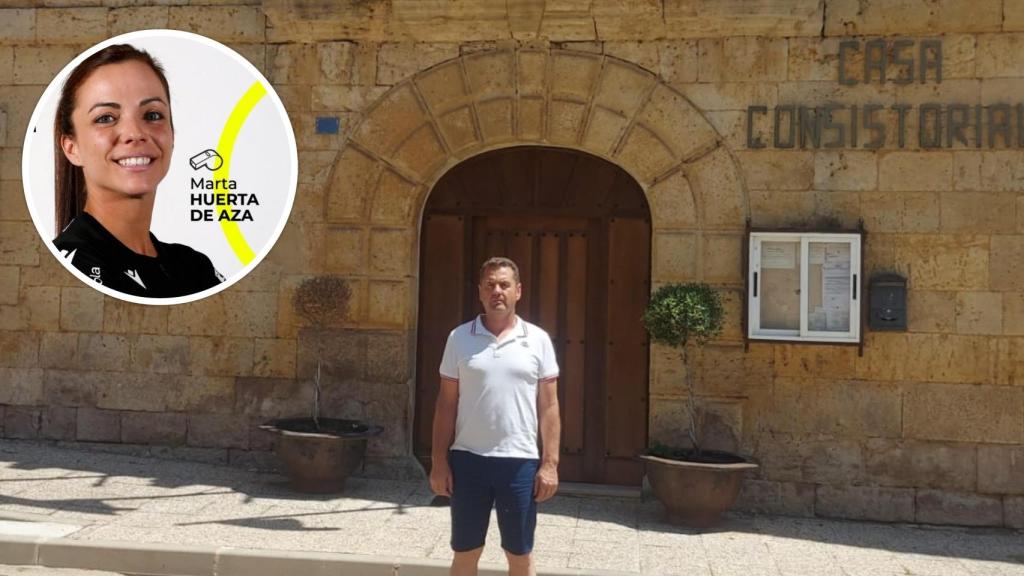 El alcalde de Población de Campos, Ángel Ramos García (Foto cedida), y, en el círculo, la árbitra palentina Marta Huerta de Aza (Foto RFEF).