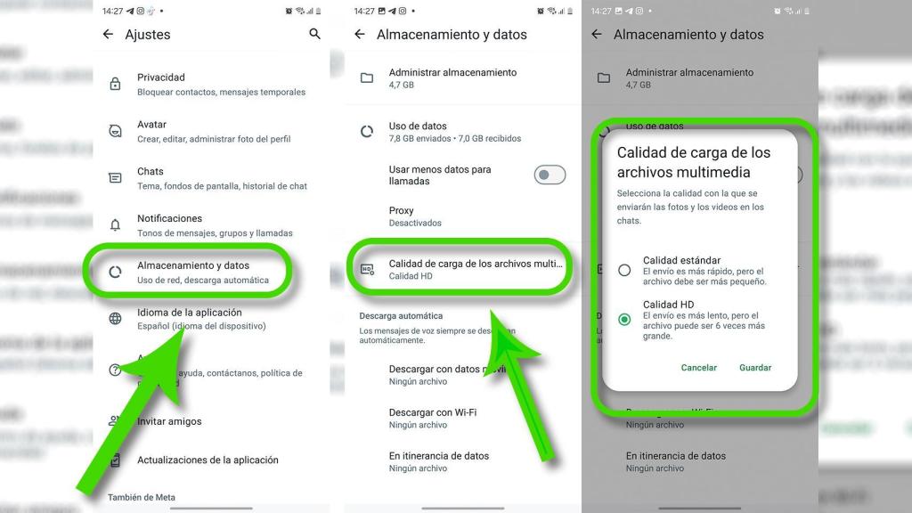 Ajustes para cambiar la carga en HD en WhatsApp