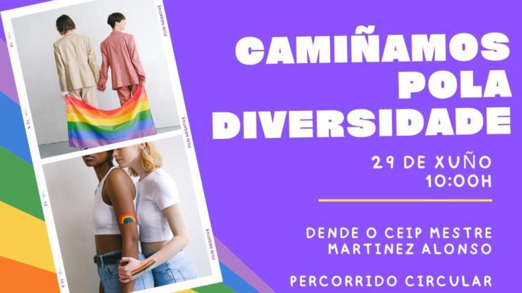 Cartel de Camiñamos pola diversidade, en Mos.