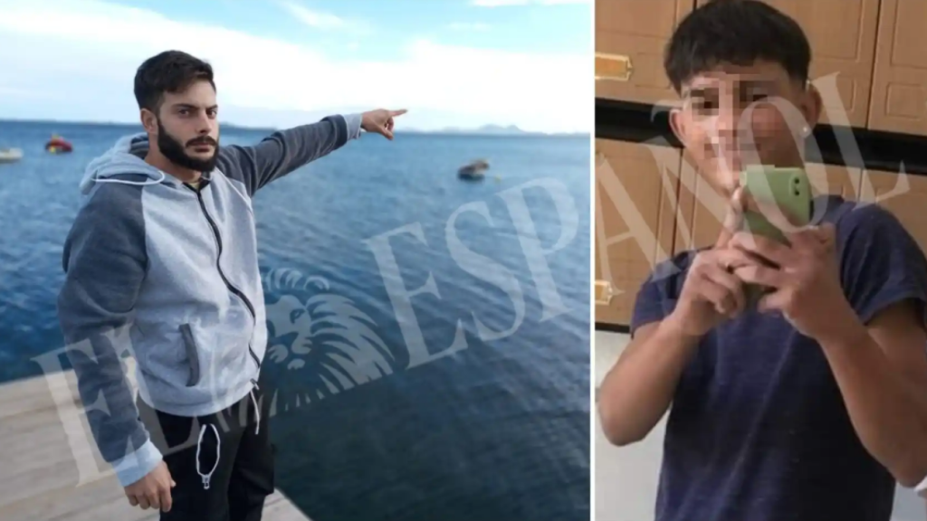 'El Javi', en un pantalán próximo a la casa que supuestamente ha okupado en Los Alcázares, junto a una imagen del menor de edad fallecido en el Mar Menor, Ivailo Petrov.