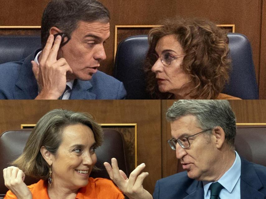 Sánchez junto a Montero y Feijóo junto a Gamarra, este miércoles en el Congreso de los Diputados.