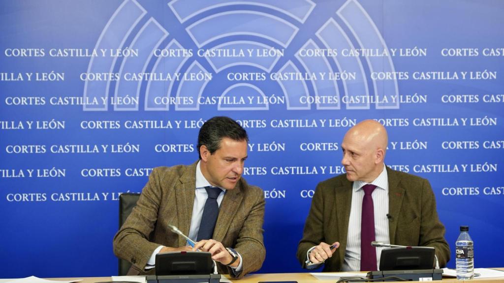 Los portavoces de los grupos parlamentarios Popular y Vox de las Cortes de Castilla y León, Raúl de la Hoz y Carlos Menéndez, respectivamente