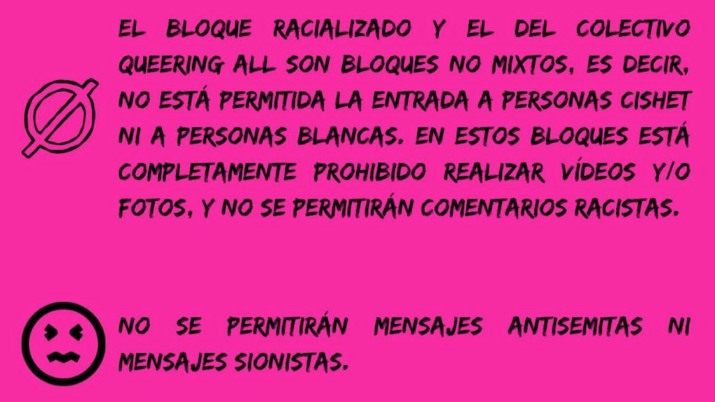 Imagen de la información del Orgullo Crítico sobre los dos bloques que no permiten personas hetero o blancas.