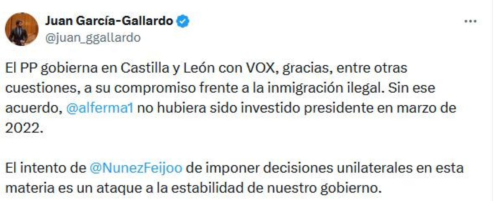 El mensaje en X de Juan García-Gallardo