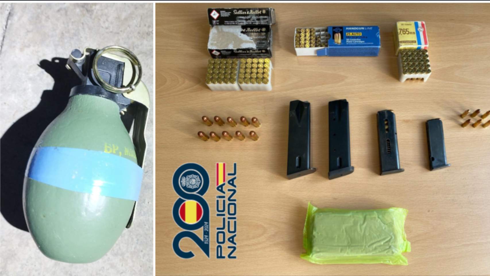 Una de las granadas y la munición de guerra incautada por la Policía Nacional.