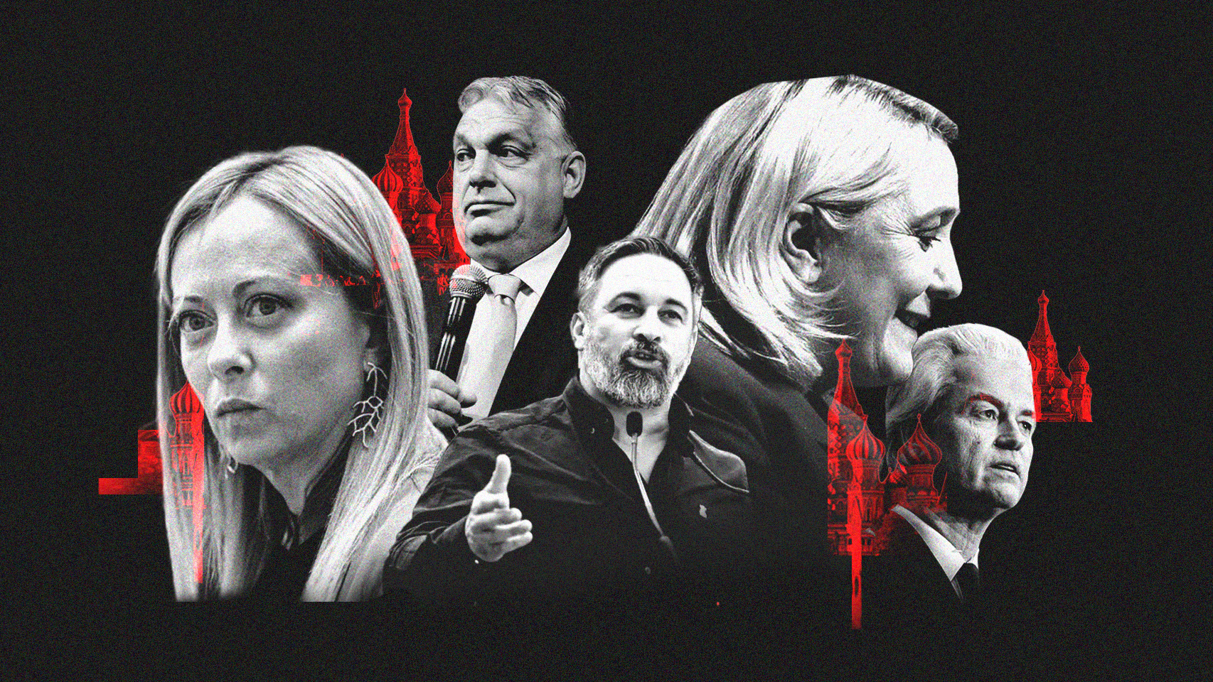 Santiago Abascal rodeado por Giorgia Meloni, Viktor Orbán, Marine Le Pen y Geert Wilders, líder del Partido de la Libertad de Países Bajos.