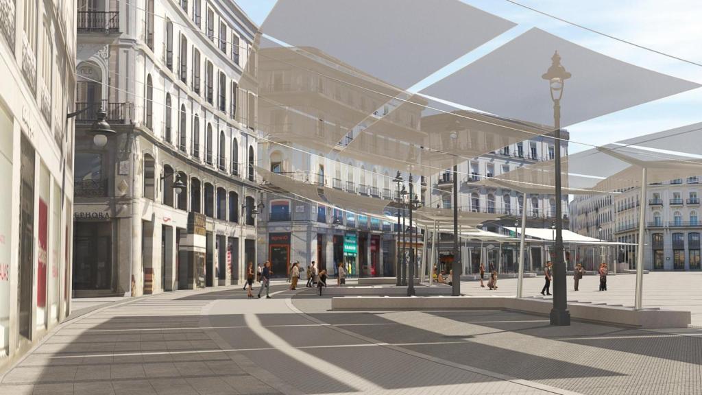Proyección virtual de la estructura de toldos en la Puerta del Sol.