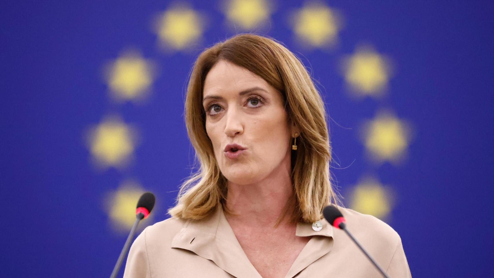 La presidenta de la Eurocámara, Roberta Metsola, durante el discurso de presentación de su candidatura este martes en Estrasburgo