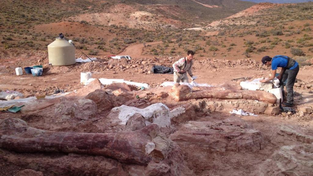Paleontólogos del MEF en el terreno donde se encontraron los fósiles del 'Patagotitan mayorum'. Foto: CaixaForum