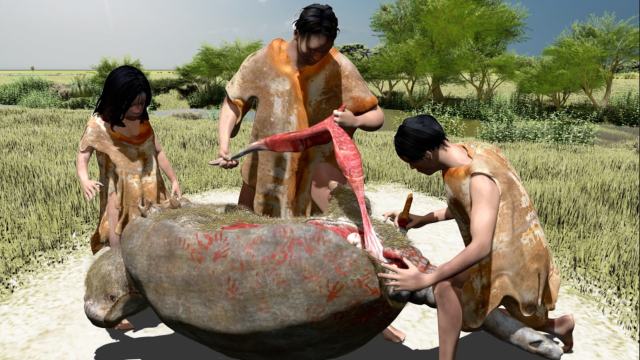 Reconstrucción paleoartística en 3D de la carnicería del armadillo.