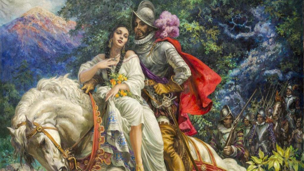 Pintura de Hernán Cortés y Malinche.