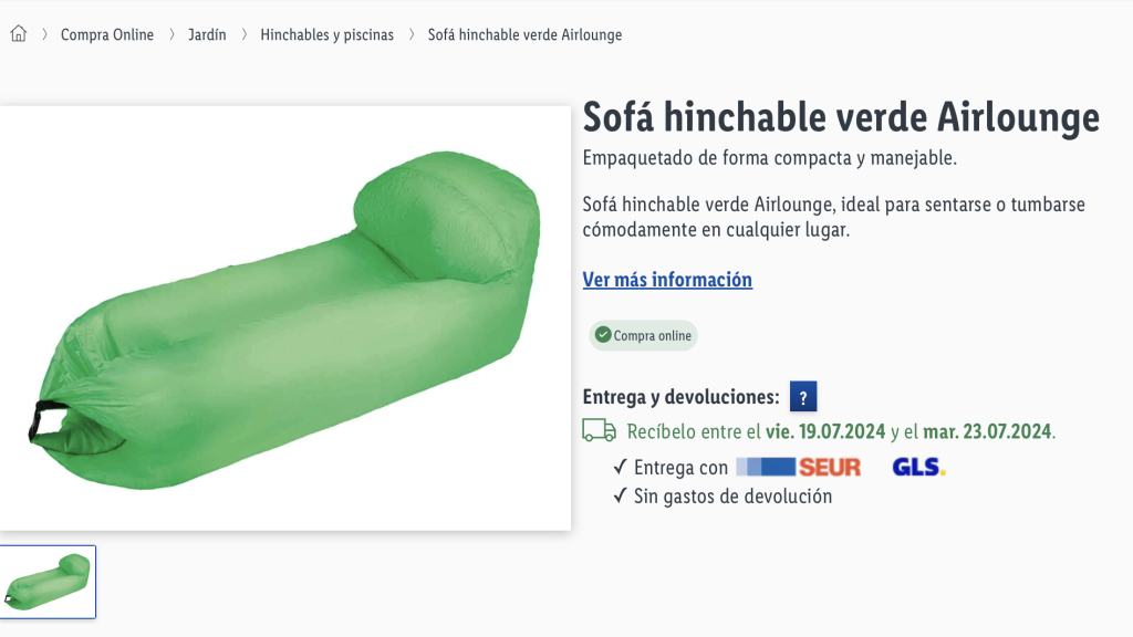 Sofá hinchable verde Airlounge.