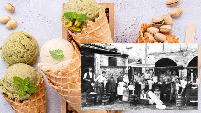 Heladeros de Ibi en Albacete en los años 20 sobre un fondo de helados moderno.