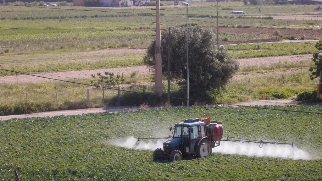 Un agricultor fumiga con su tractor un campo de hortalizas.