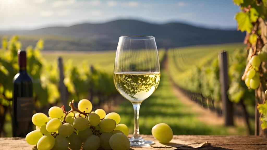 Una copa de vino blanco con un racimo de uvas