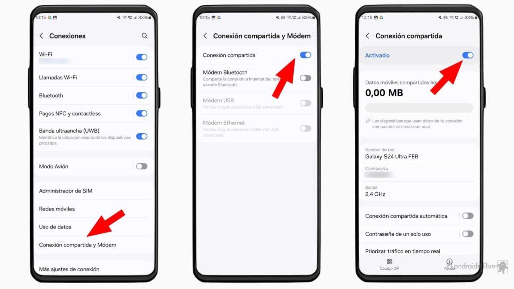 Conexión compartida en un móvil Samsung